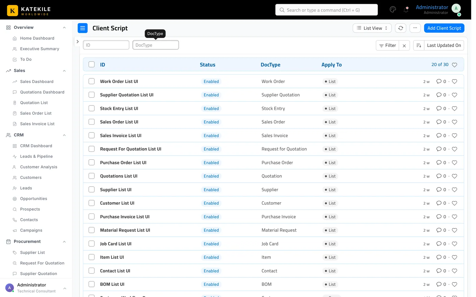 Client Scripts — card list views and workflow pop-ups.