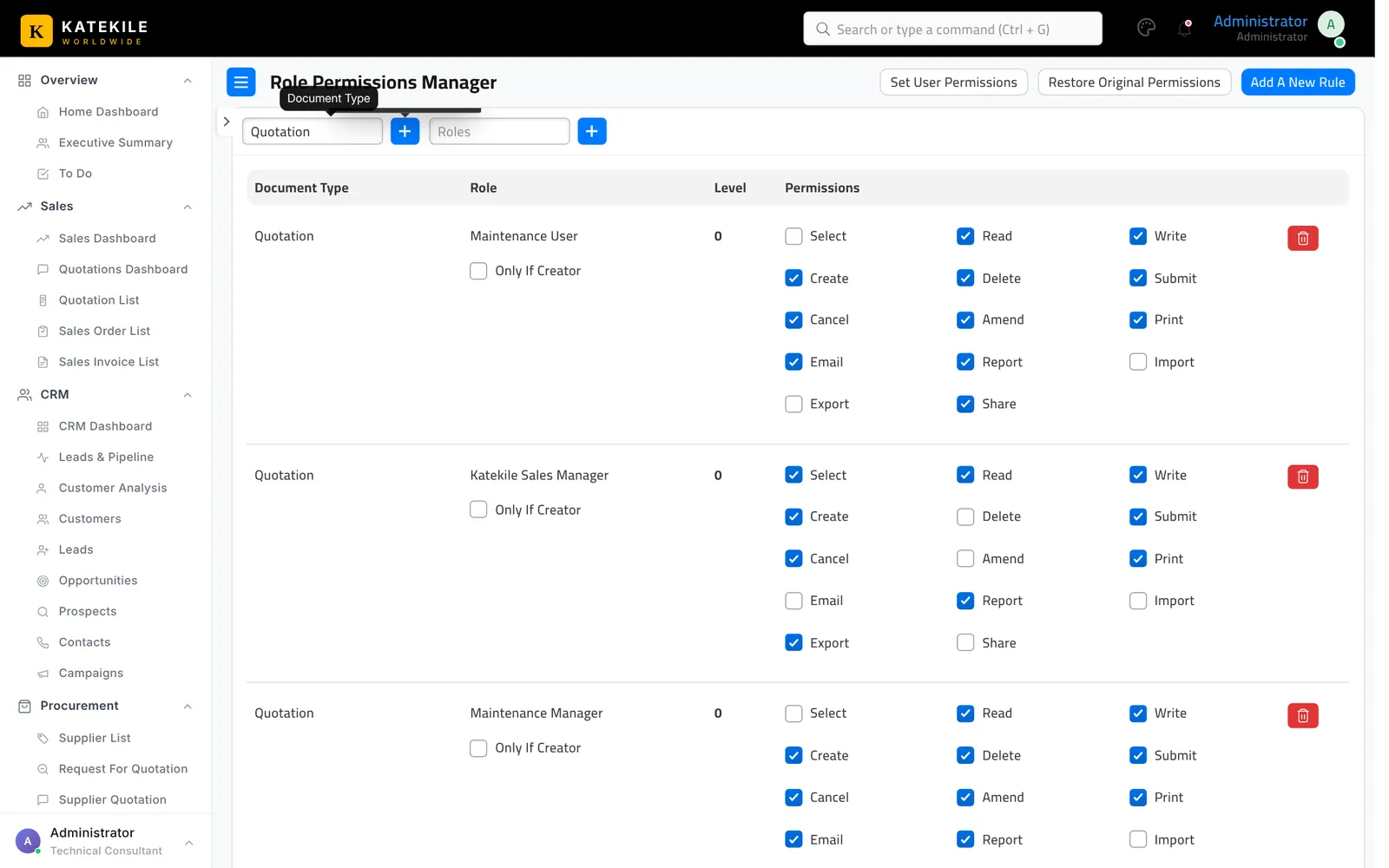 Role permissions for Quotation.