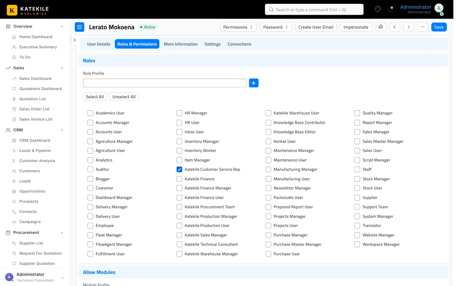 Roles on a user — Katekile Customer Service Rep ticked.