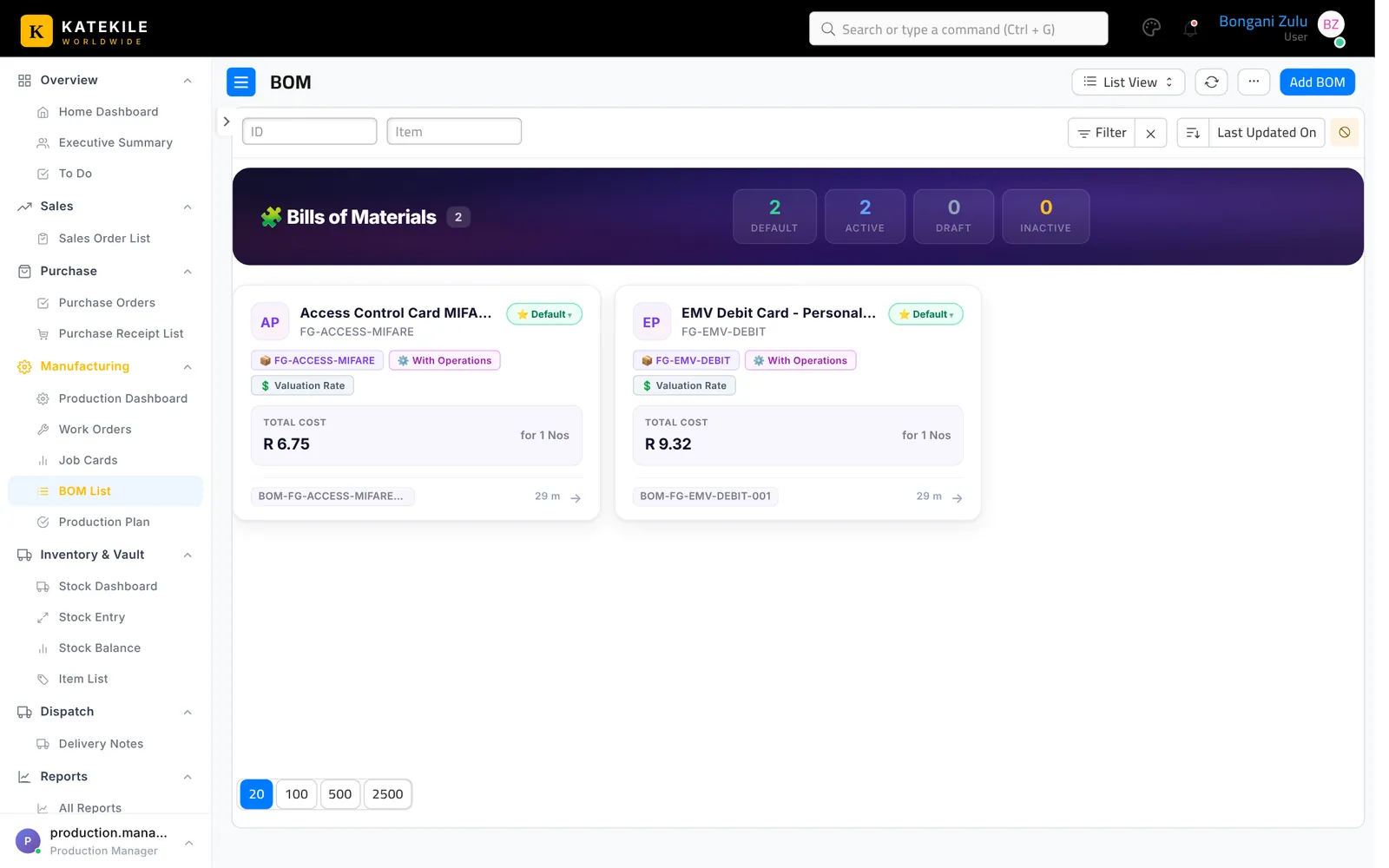 BOM cards: Default, Active, Draft and Inactive, with Set as Default / Activate / Deactivate actions.