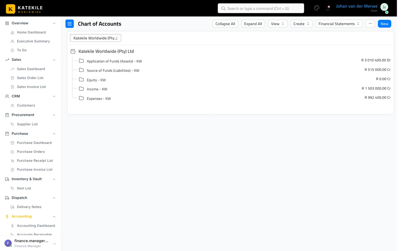 Chart of Accounts tree — choose the company at the top.