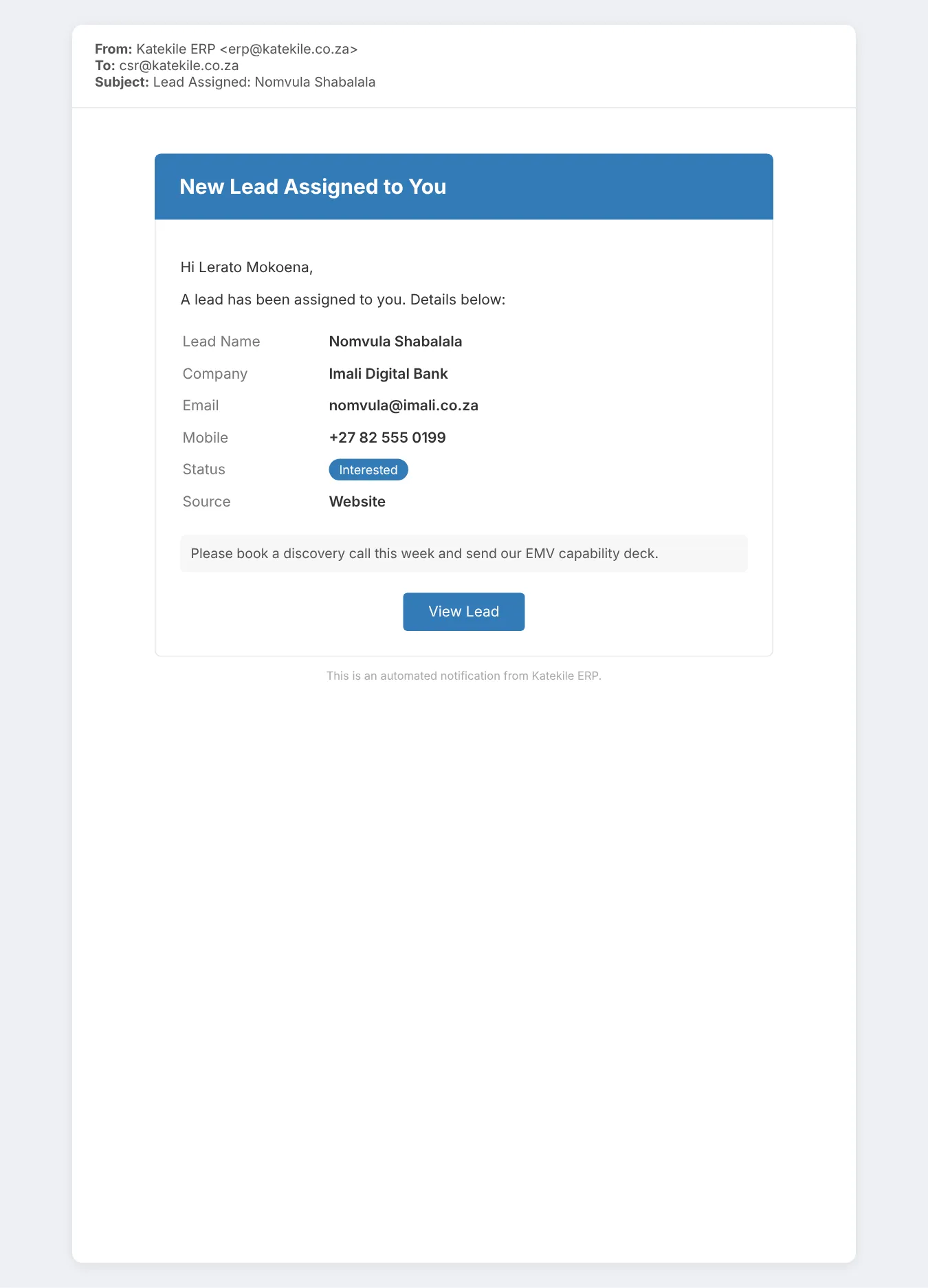 The email a user receives when a lead is assigned to them.