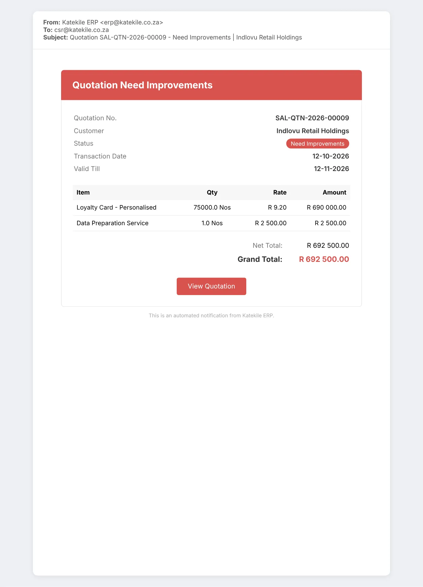Email to the rep: Quotation – Need Improvements.