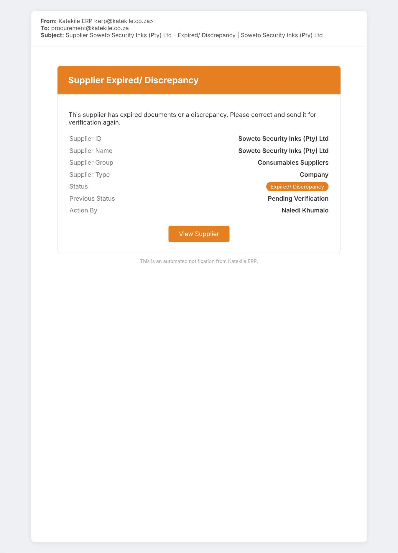 Notification to Procurement: Expired/ Discrepancy.