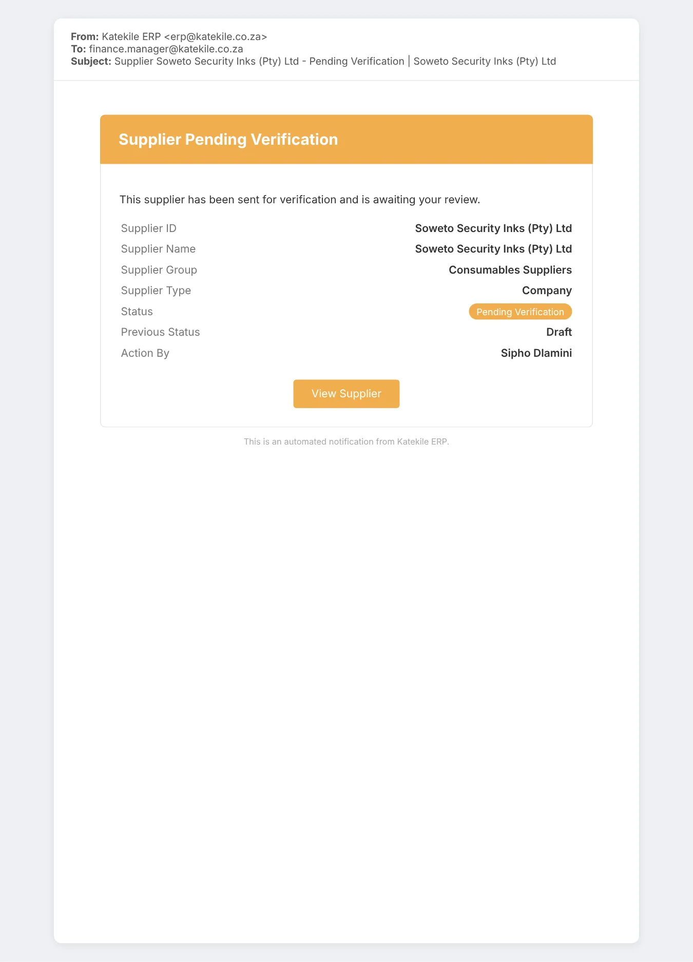 Supplier Pending Verification email.