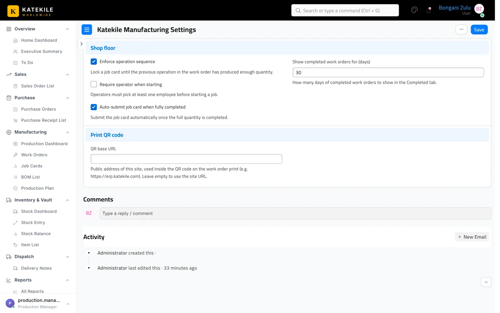 Katekile Manufacturing Settings.