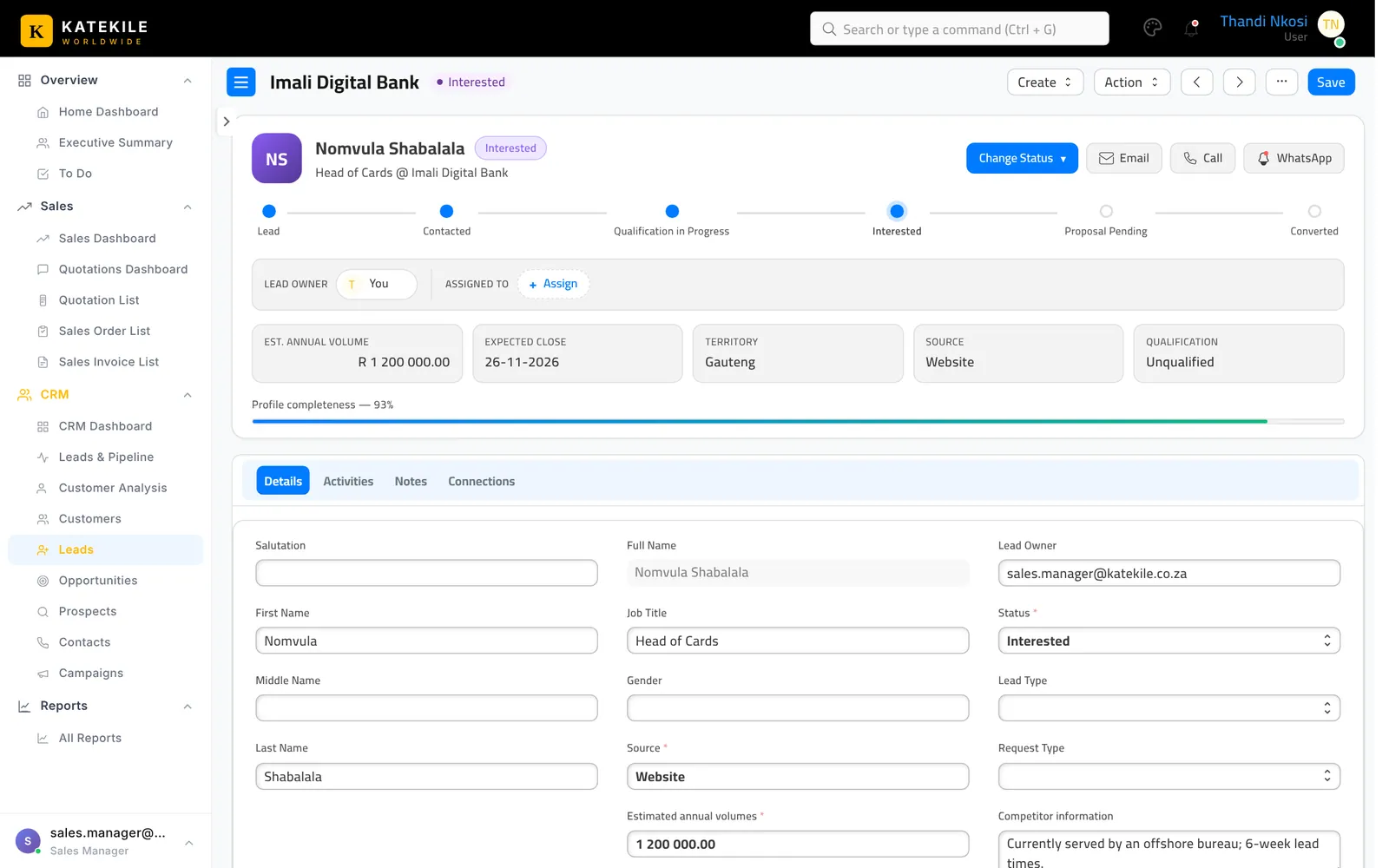 Lead header: avatar, status badge, quick actions, pipeline tracker, owner and assignment chips, key metrics and a profile-completeness bar.