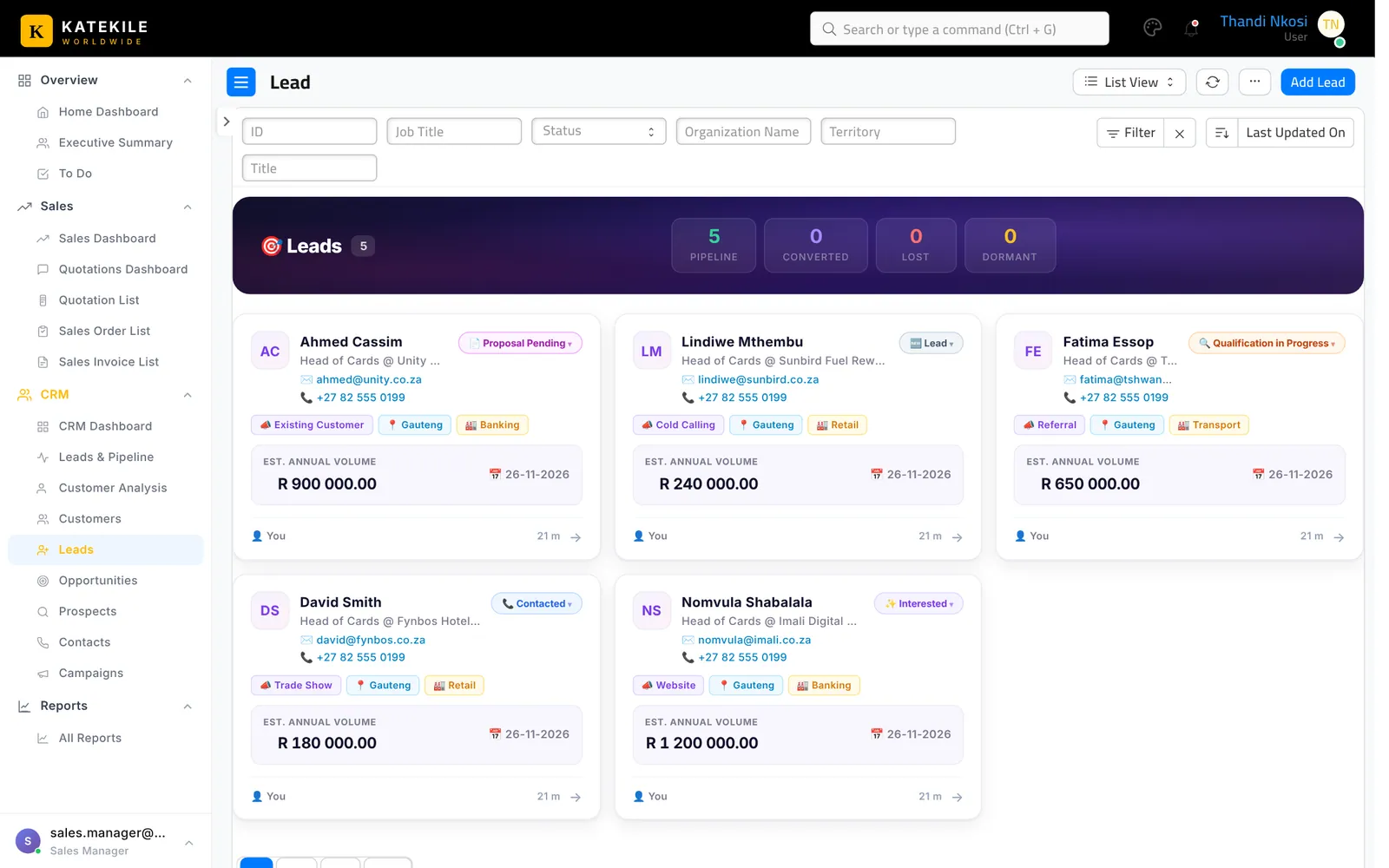 Leads as cards. The banner counts Pipeline, Converted, Lost and Dormant leads — click a tile to filter.