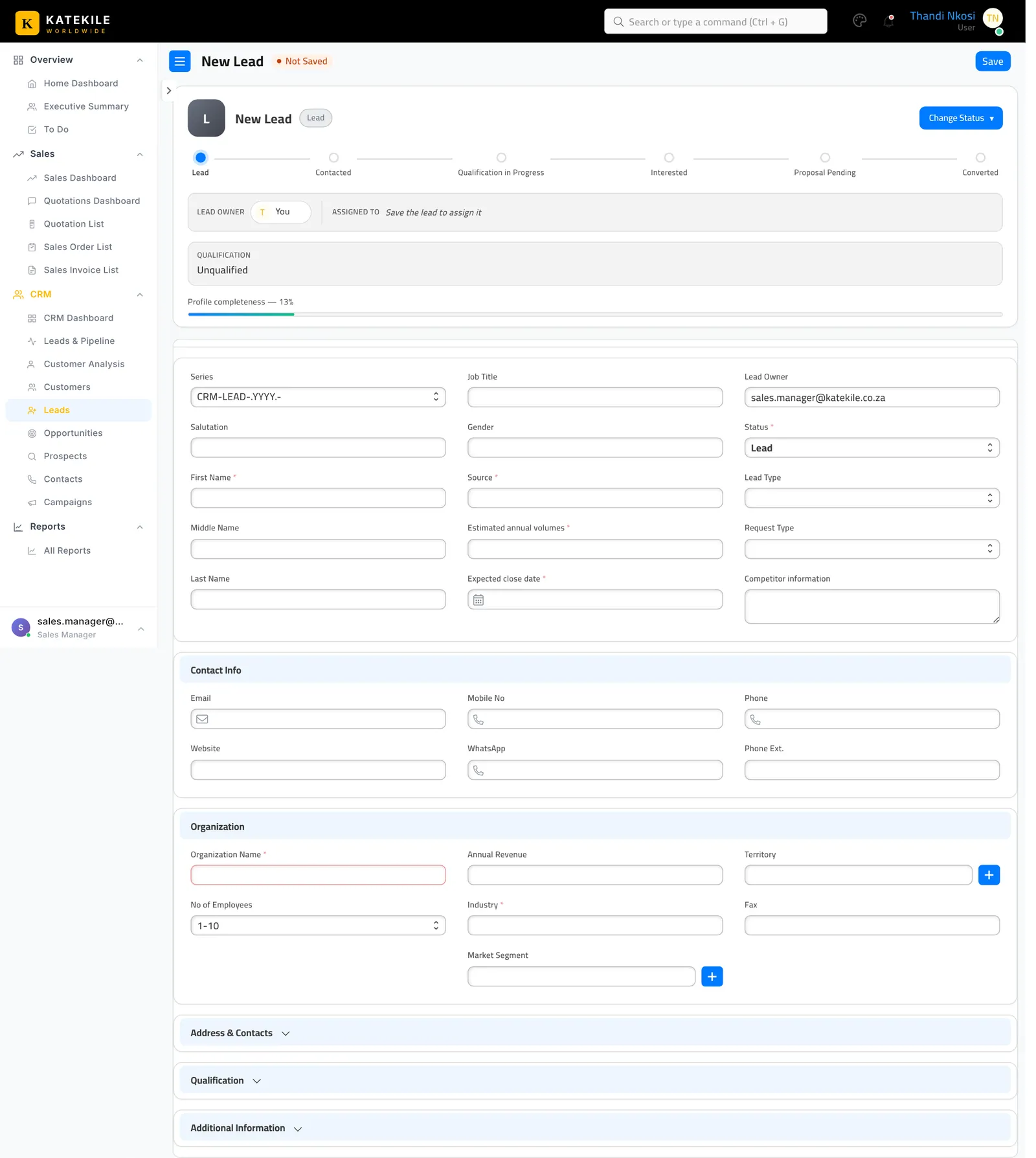 New lead form. Fields marked * are mandatory.