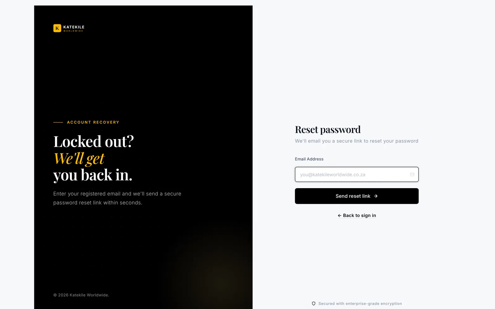 Password reset screen.