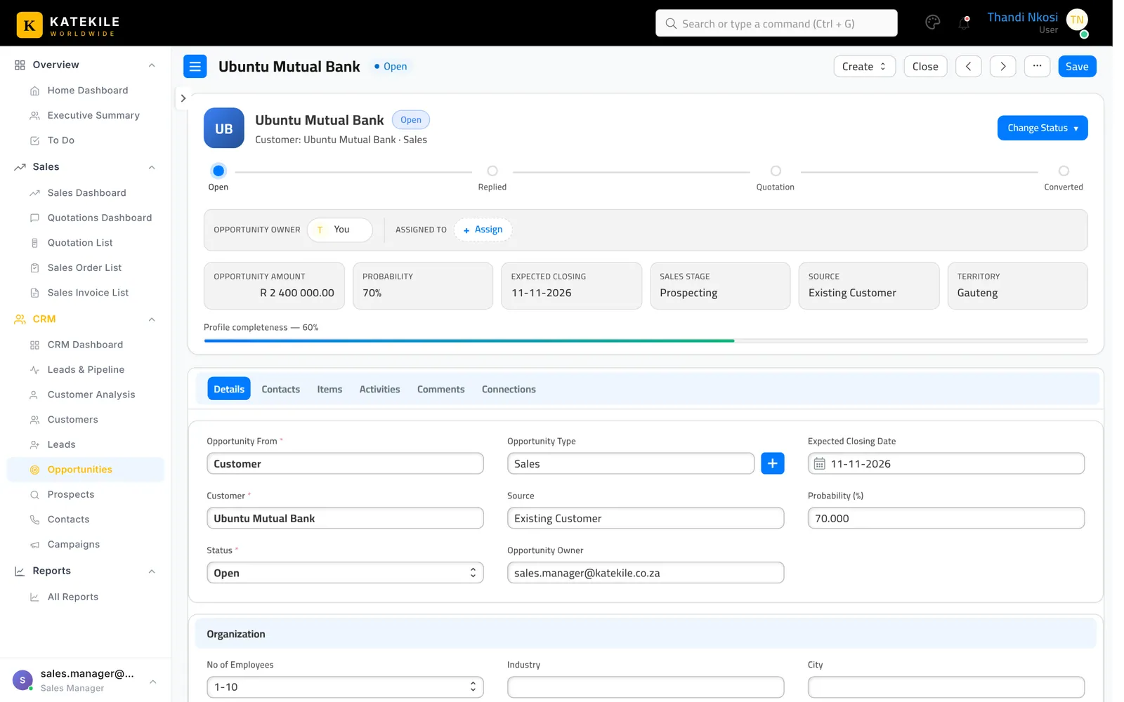 Opportunity header: pipeline (Open → Replied → Quotation → Converted), Change Status, owner and assignment, amount, probability, expected closing, source and territory.