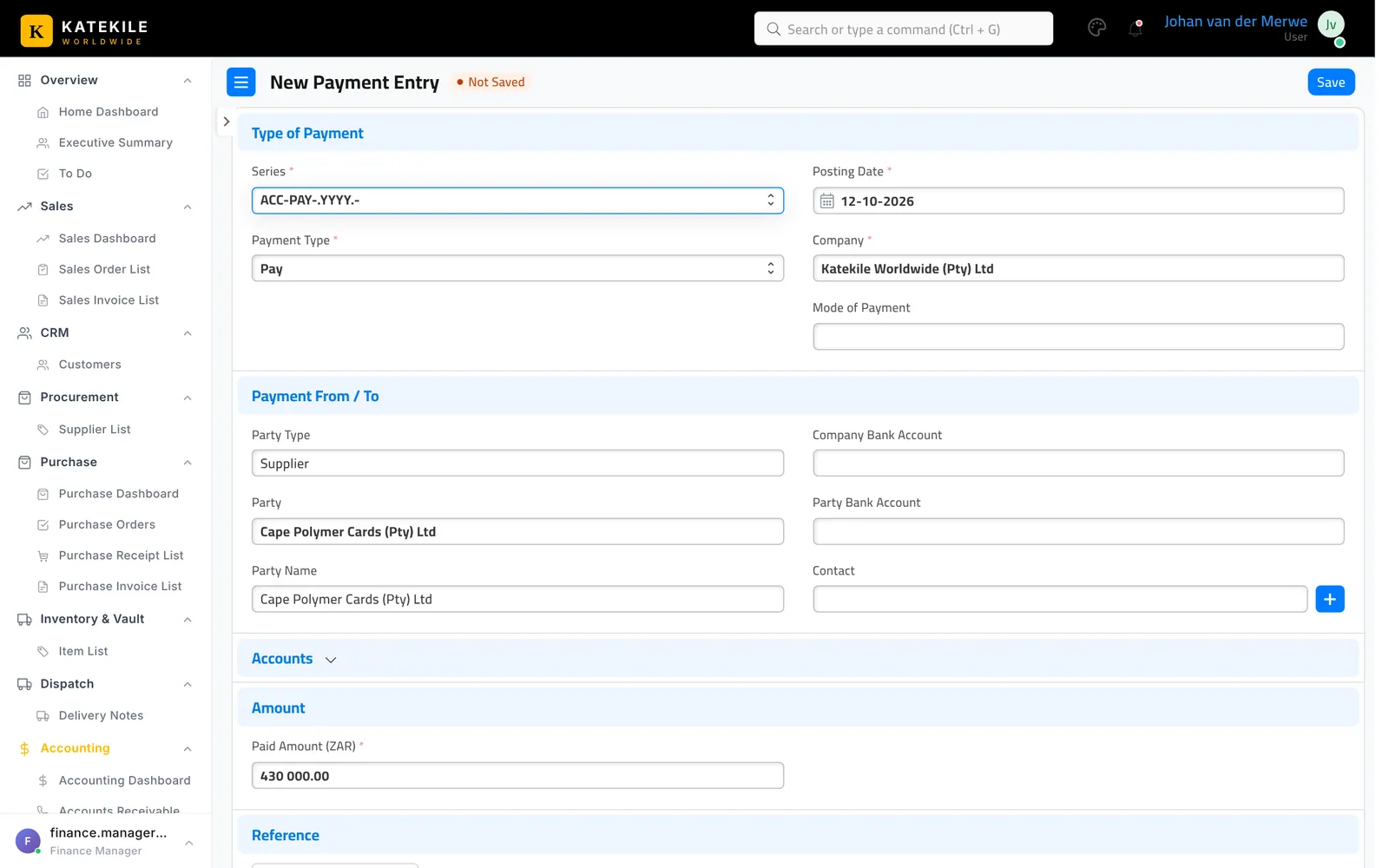 Payment Entry (Pay) to a supplier.
