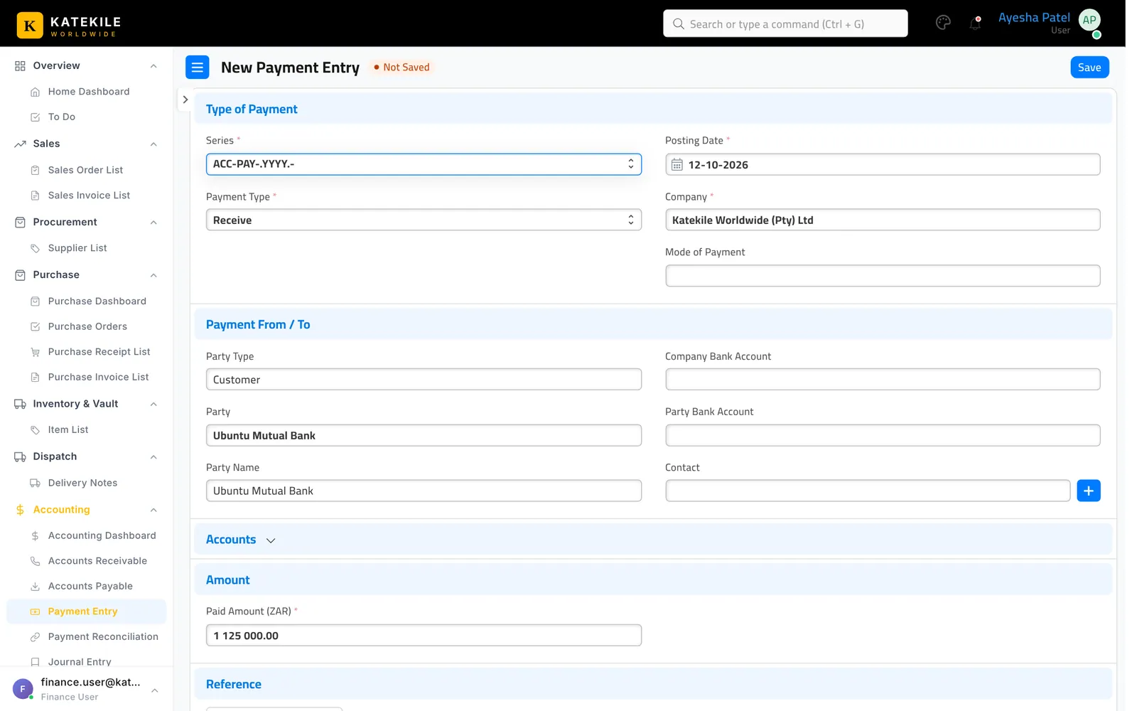 Payment Entry (Receive) created from the invoice.