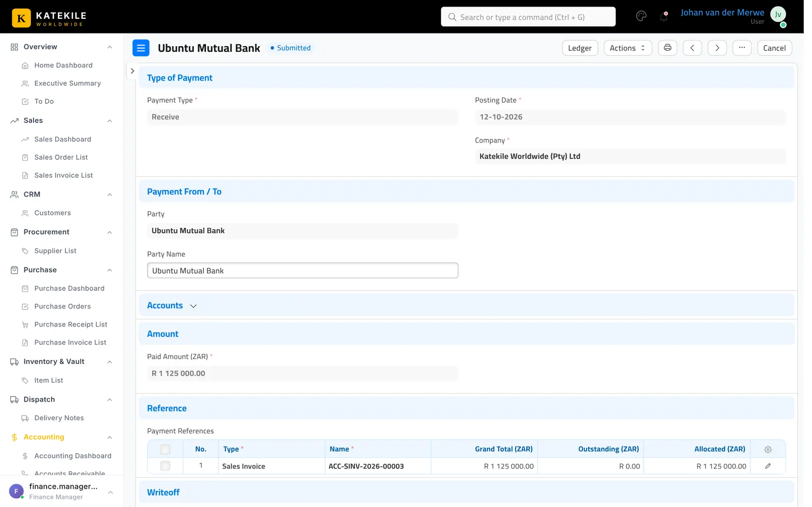 Submitted payment — the invoice is now Partly Paid or Paid.