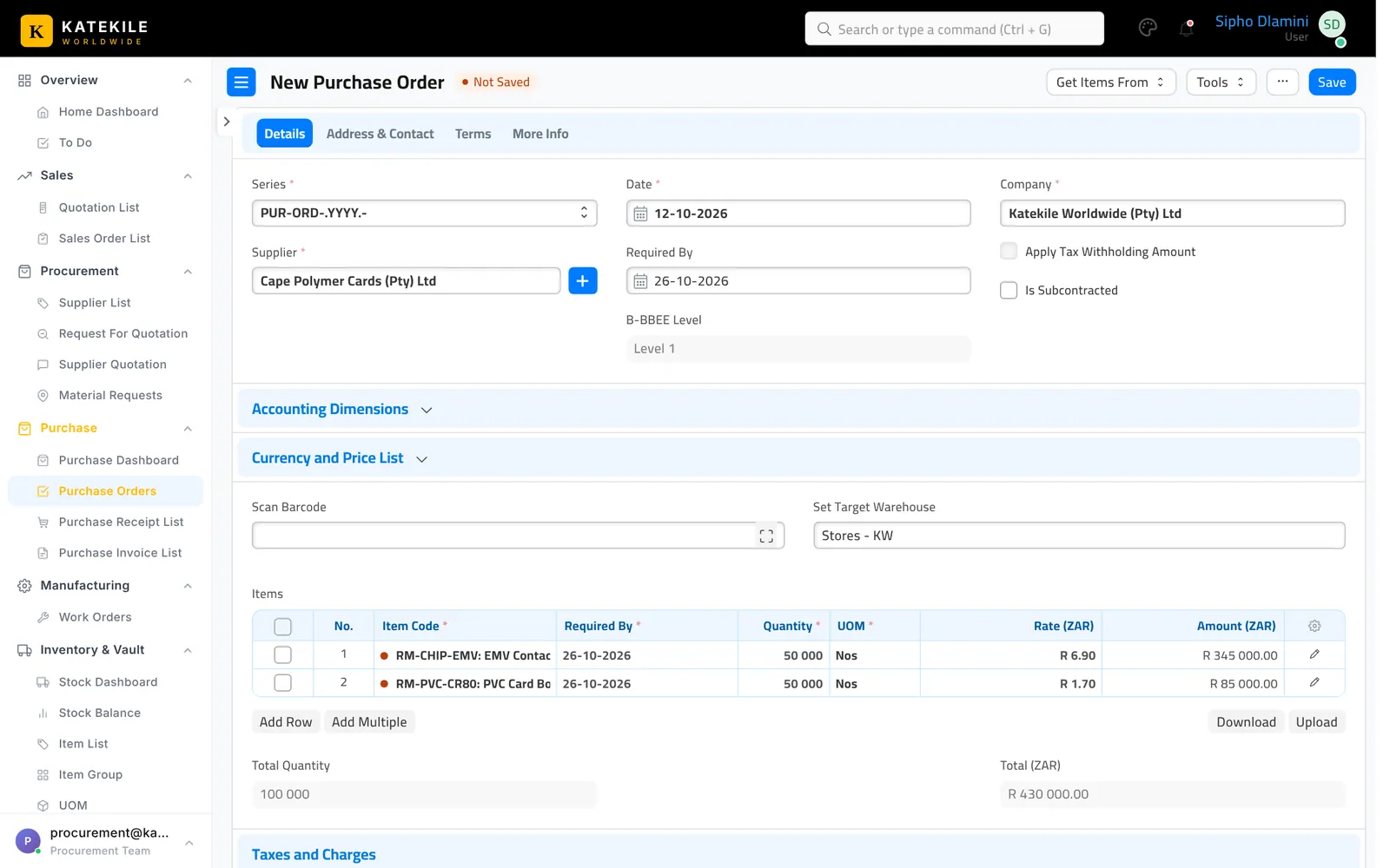 Purchase Order created from the supplier quotation.