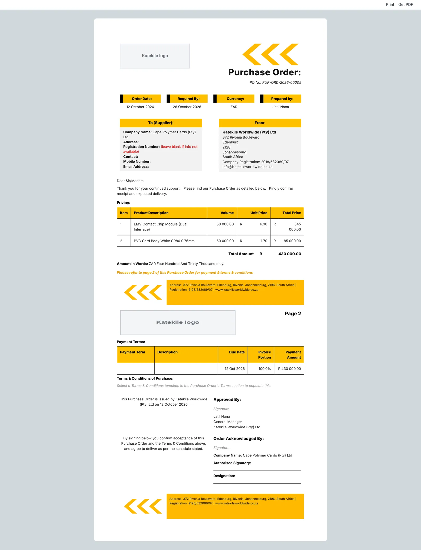 Katekile Purchase Order Format.