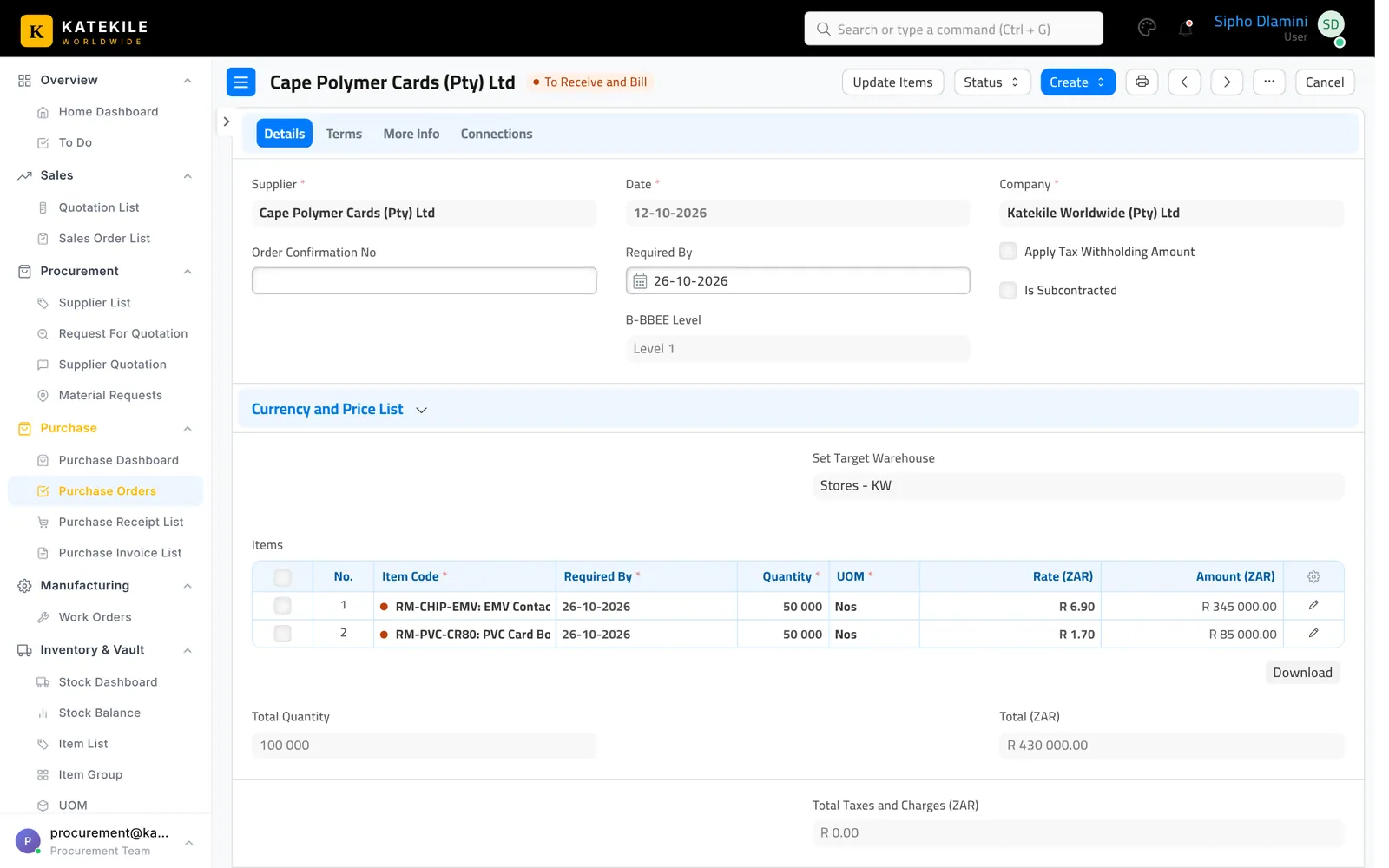 Submitted Purchase Order.