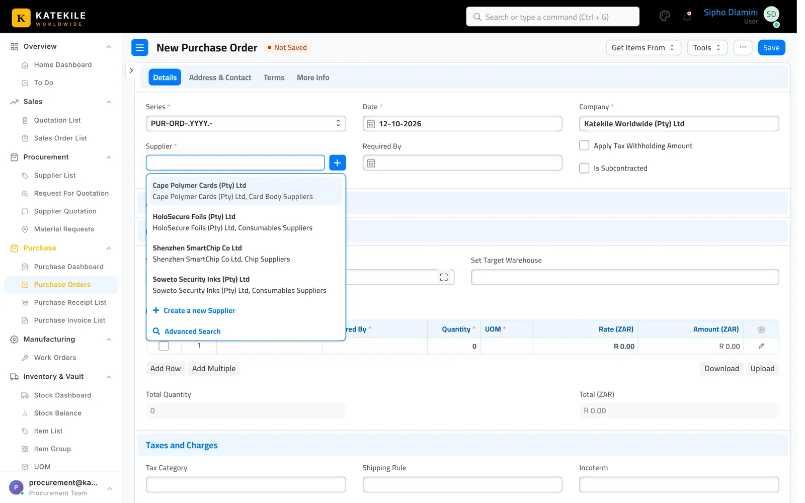 PO supplier picker — approved suppliers only.