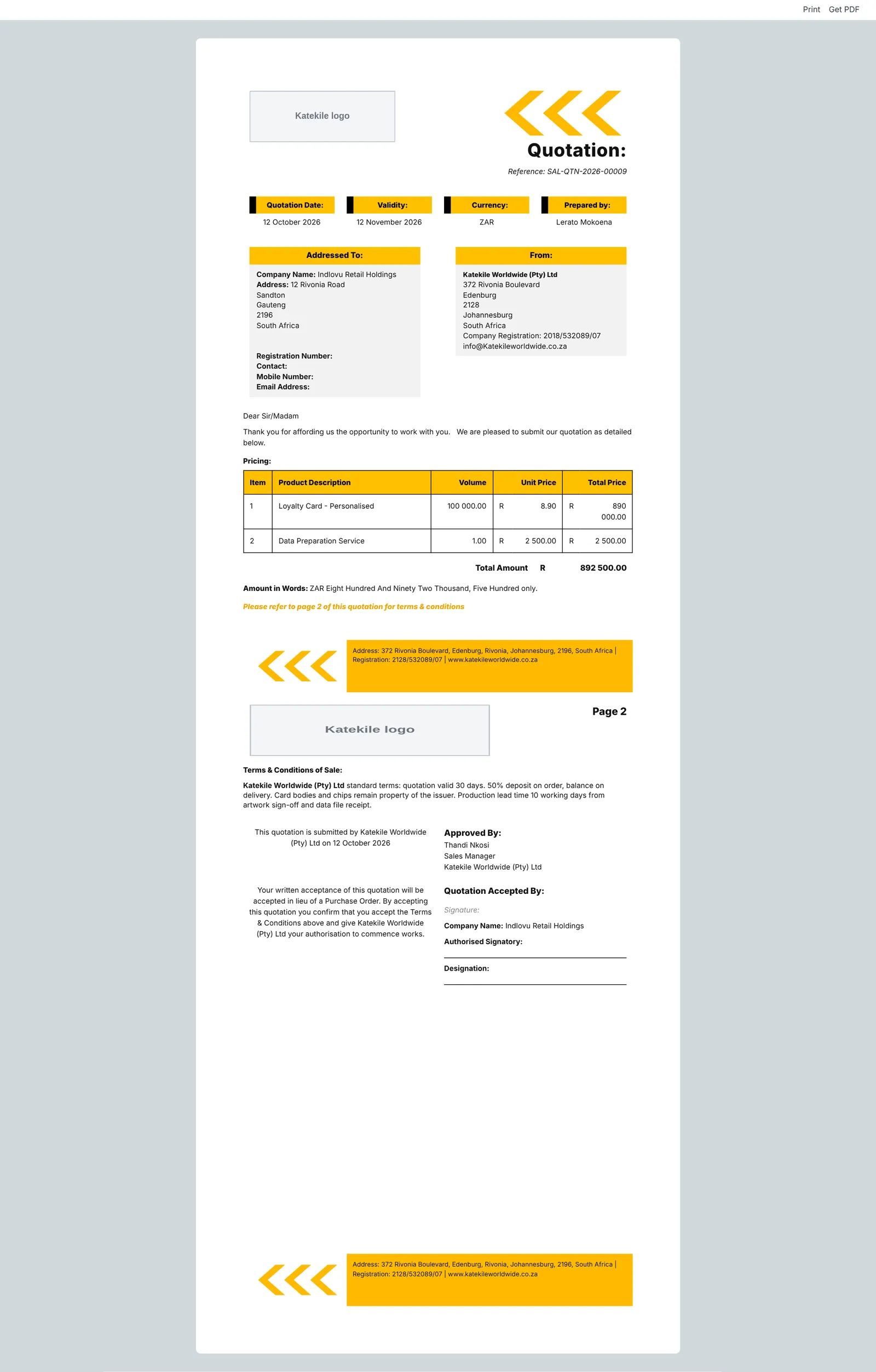 Katekile Quotation Format — Katekile Worldwide layout.