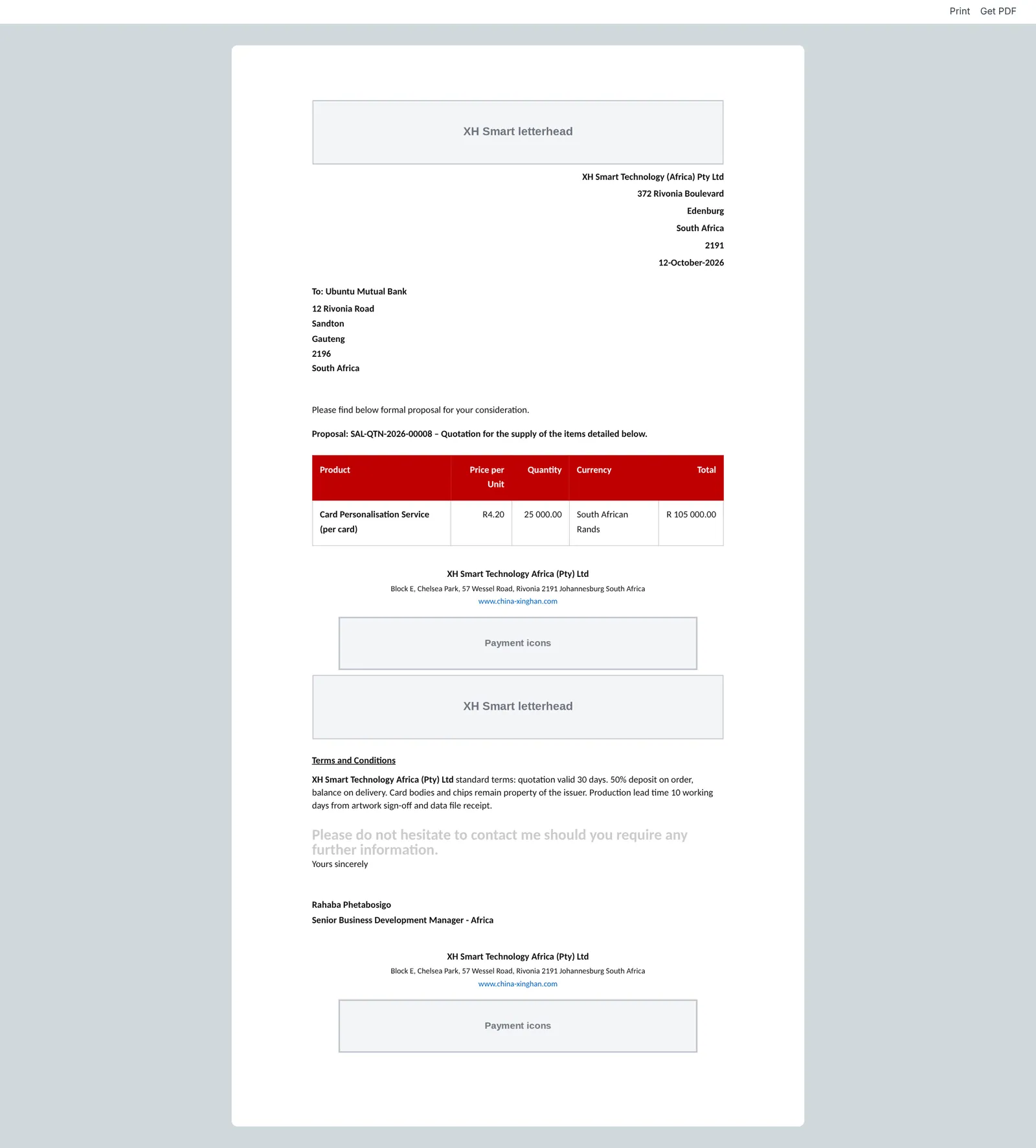 Katekile Quotation Format — XH Smart Technology Africa layout.