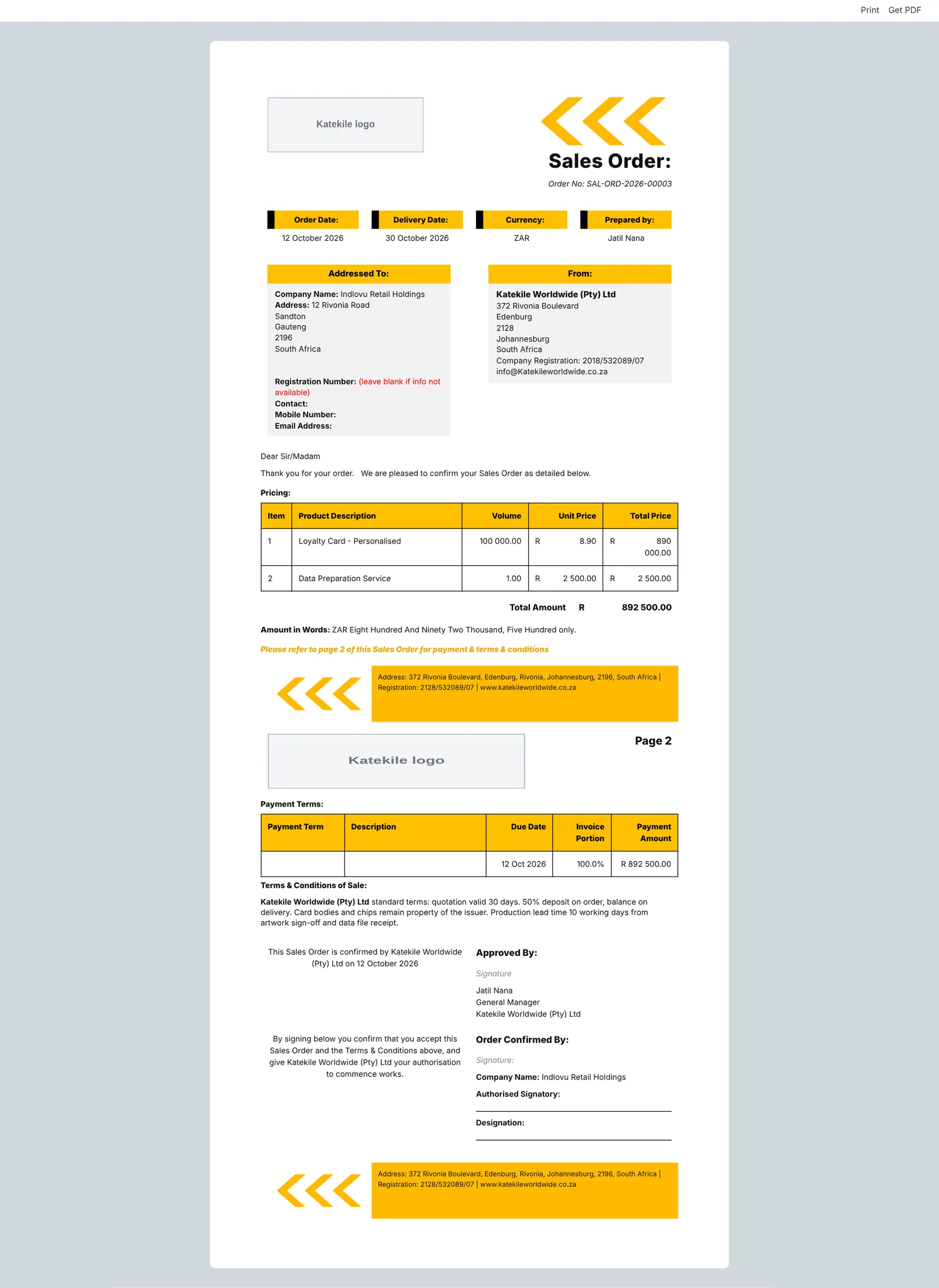 Katekile Sales Order Format.