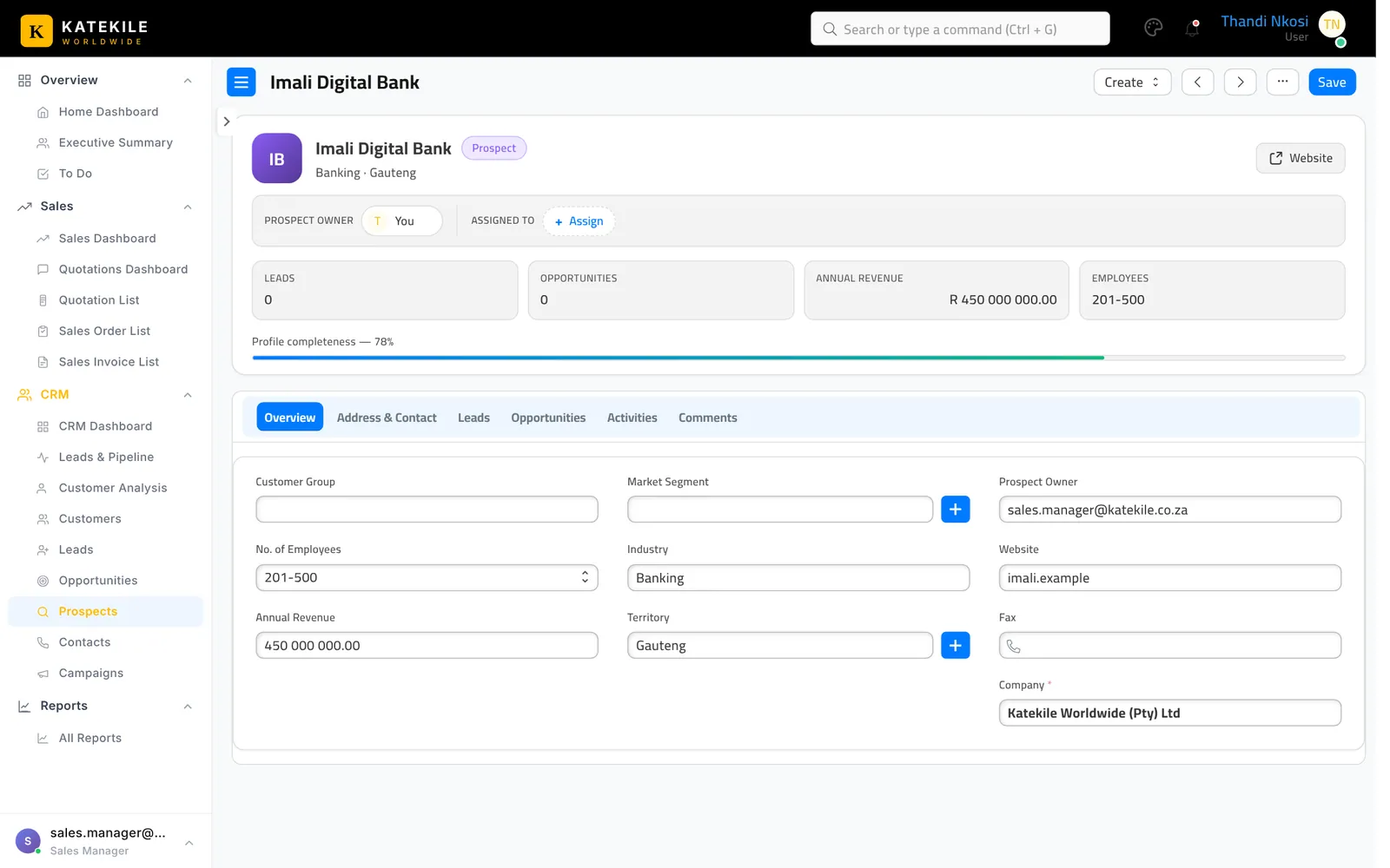 Prospect header with owner, linked leads and opportunities, revenue, size and completeness.