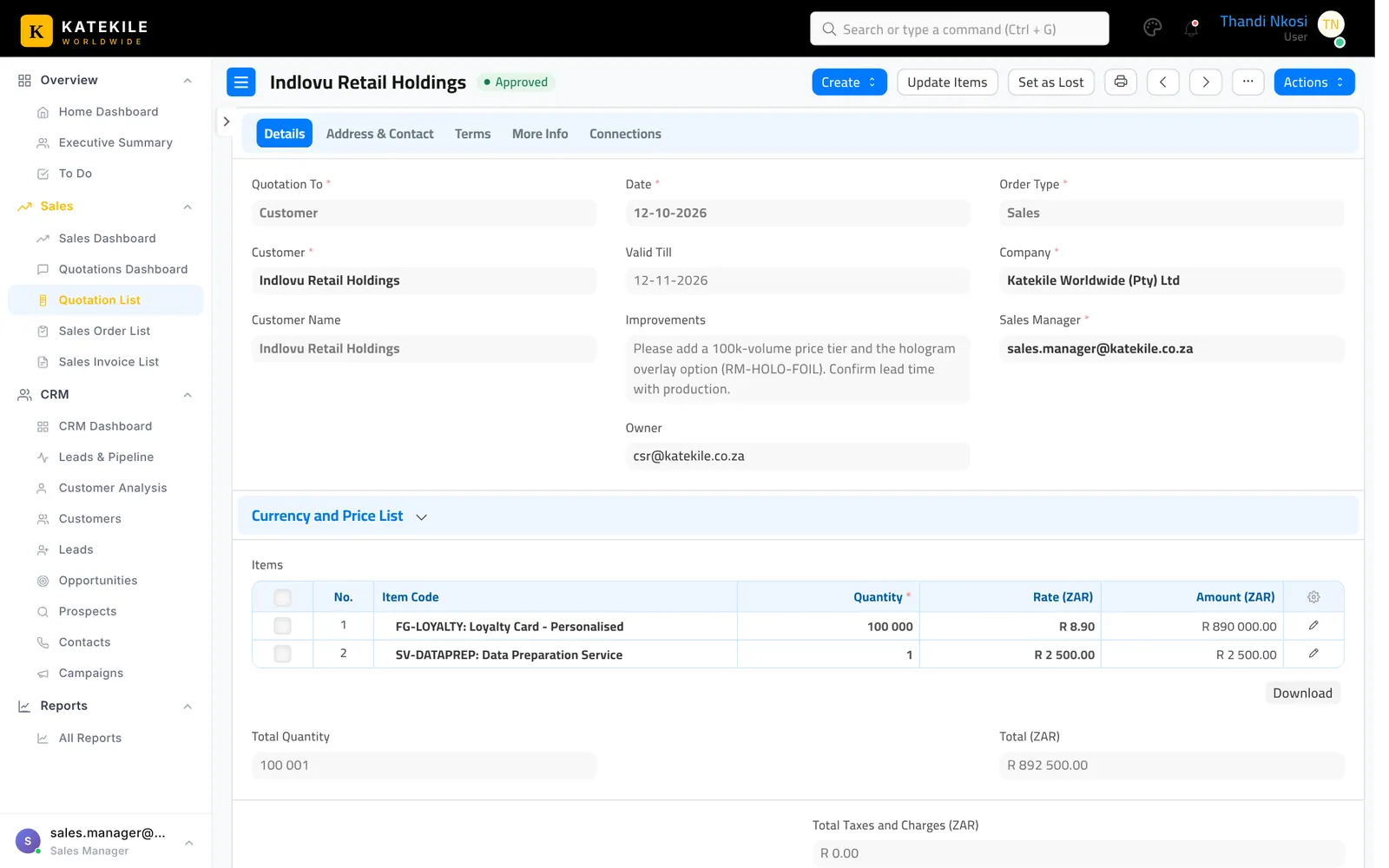Approved quotation with Create, Update Items and Set as Lost buttons.