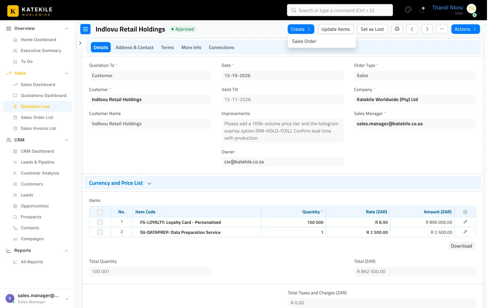 Create menu on an approved quotation.