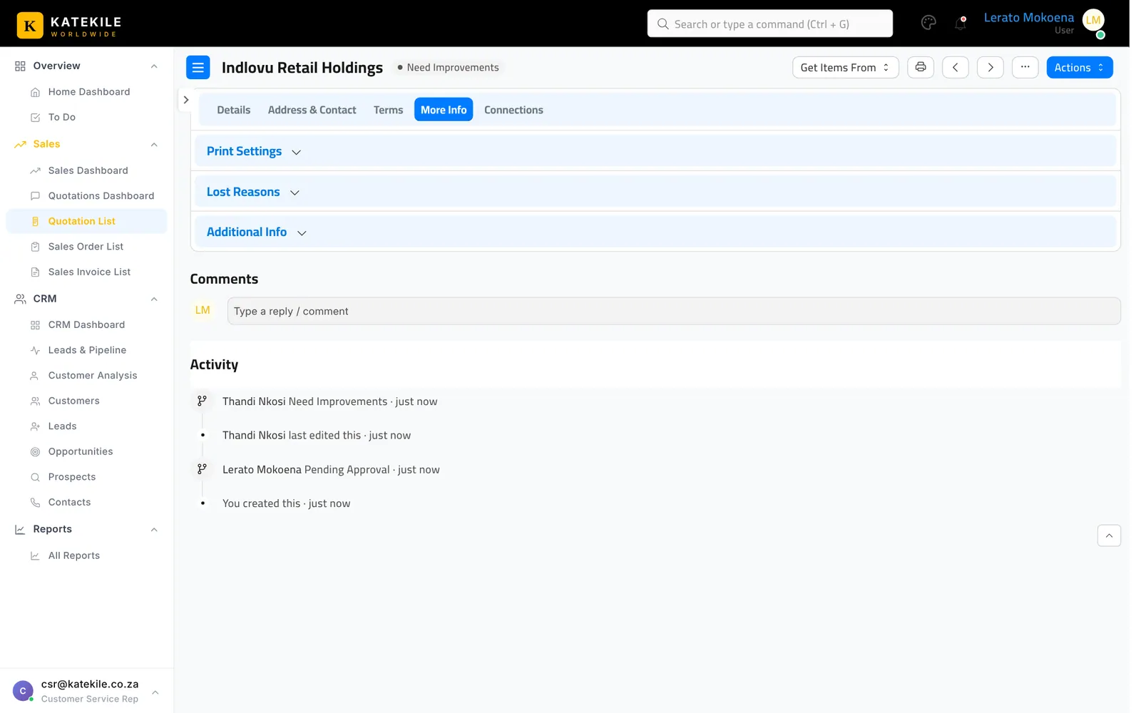 Activity timeline: who sent it for approval and who sent it back.