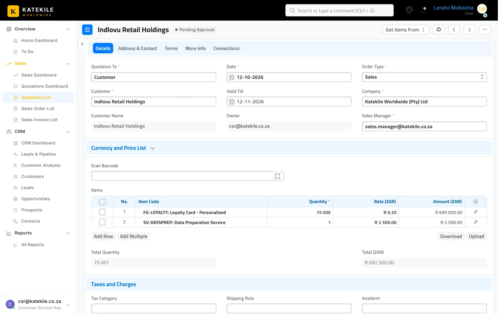 Pending Approval, seen by the rep.