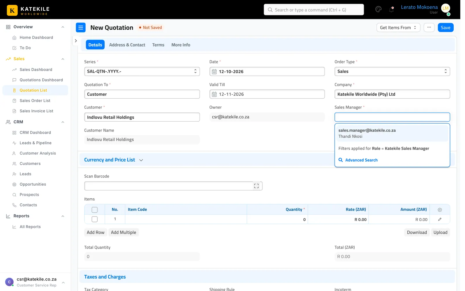 The Sales Manager field is filtered to Katekile Sales Managers.