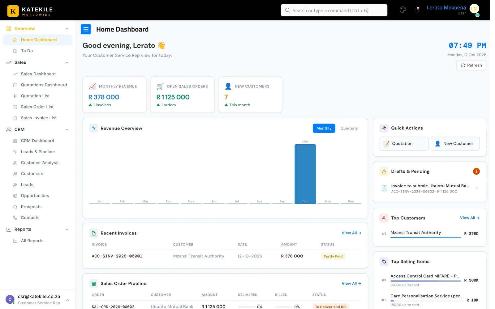 Customer Service Rep — sales KPIs, revenue overview and quick actions.