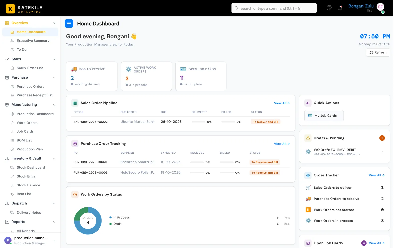 Production Manager — purchase orders to receive, active work orders and open job cards.