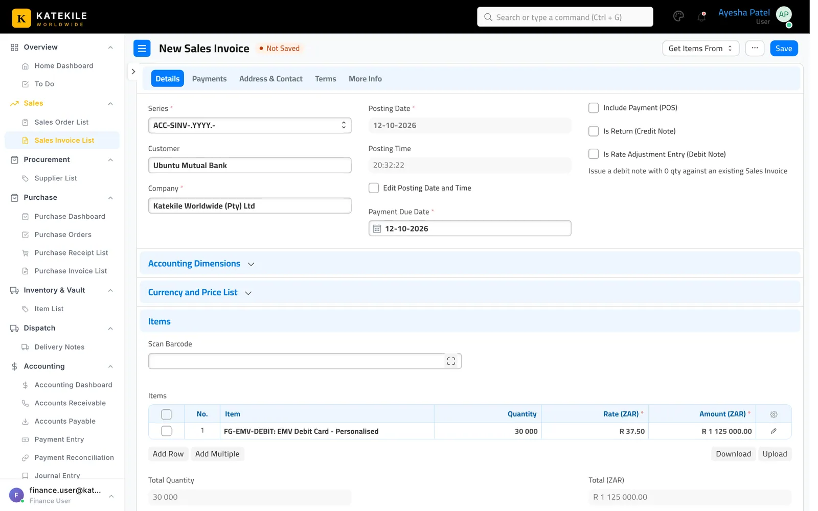 Sales Invoice created from the Delivery Note.