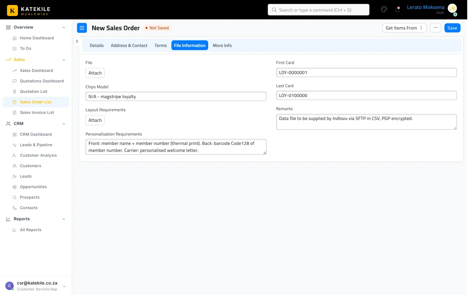 File Information — the job details that flow to the Work Order.