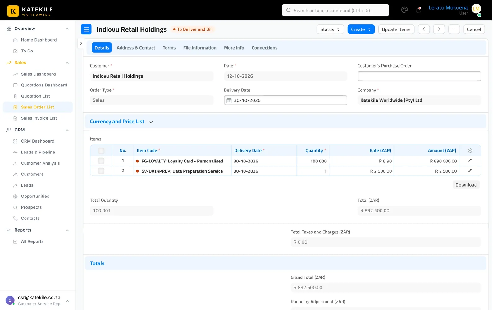 Submitted Sales Order — To Deliver and Bill.