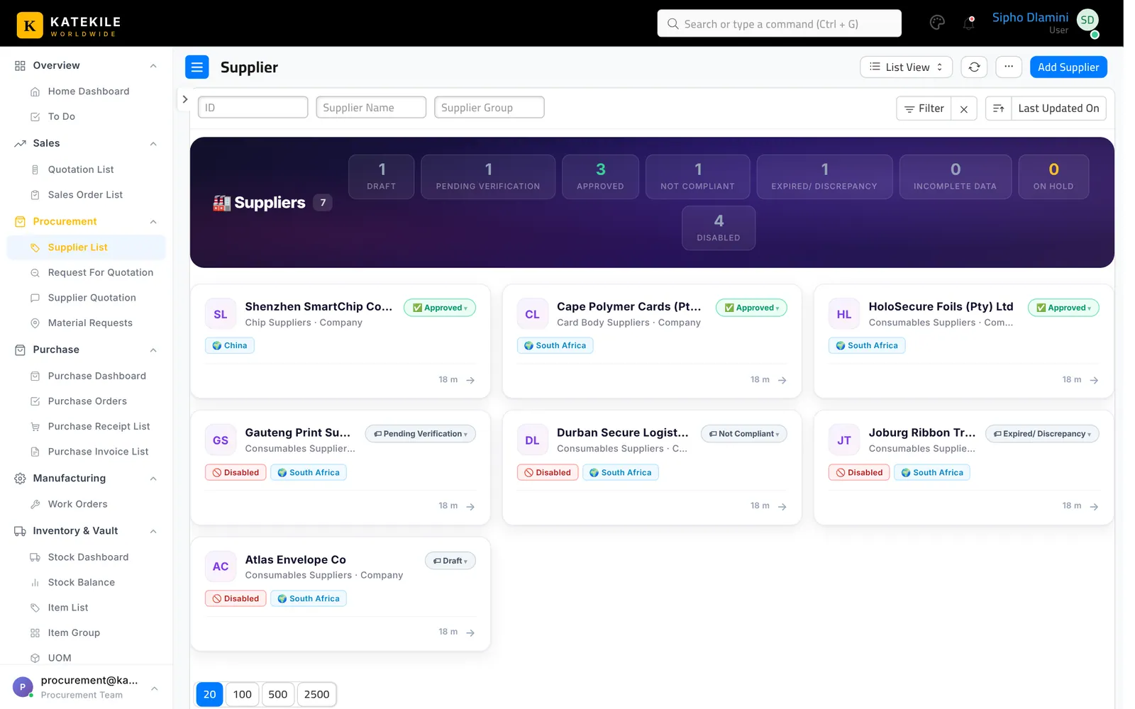 Supplier cards with workflow state, group and B-BBEE level.